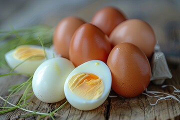 A bunch of eggs with one of them cracked open. The cracked egg is in the middle of the other eggs