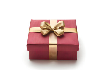 A red gift box with a golden ribbon on a white background,