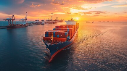 Obraz premium Logistics and transportation of Container Cargo ship and Cargo plane with working crane bridge in shipyard at sunrise, logistic import export and transport industry background
