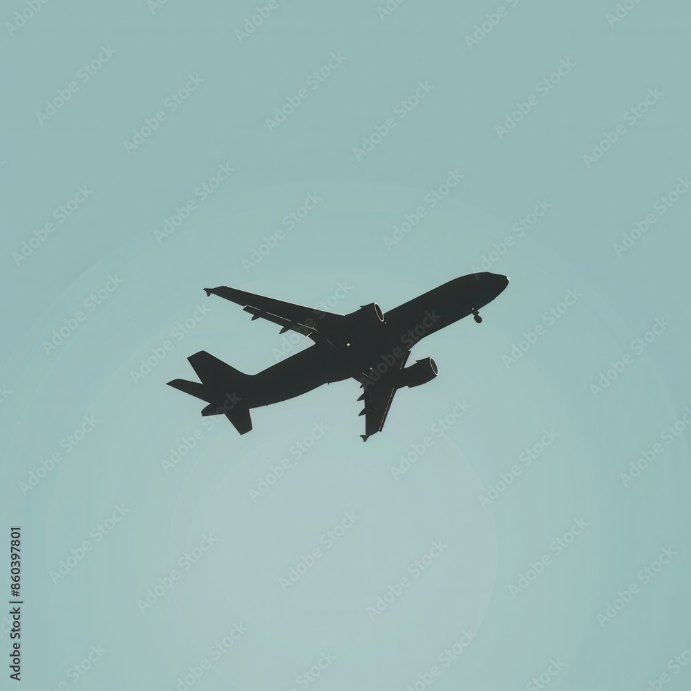 Aufkleber a minimalistic image of an airplane in flight, silhouetted against a clear blue sky. perfect for tra