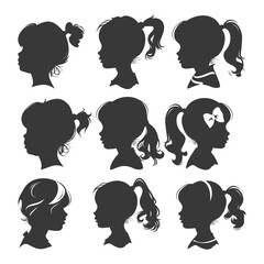 Girl Silhouettes: Diverse Hairstyles, Ponytails, Ribbons, Child Portraits, Vector Set.