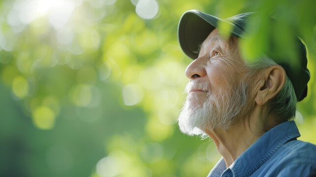 A man with a hat and beard is smiling and looking up at the sky. Concept of happiness and contentment