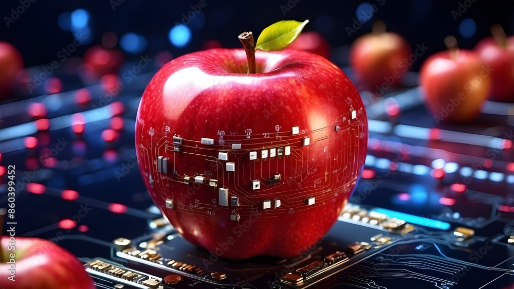 Poster red apple fruit with circuit big data technologies in the future.
