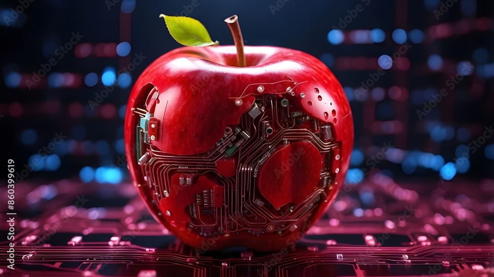 Poster red apple fruit with circuit big data technologies in the future.