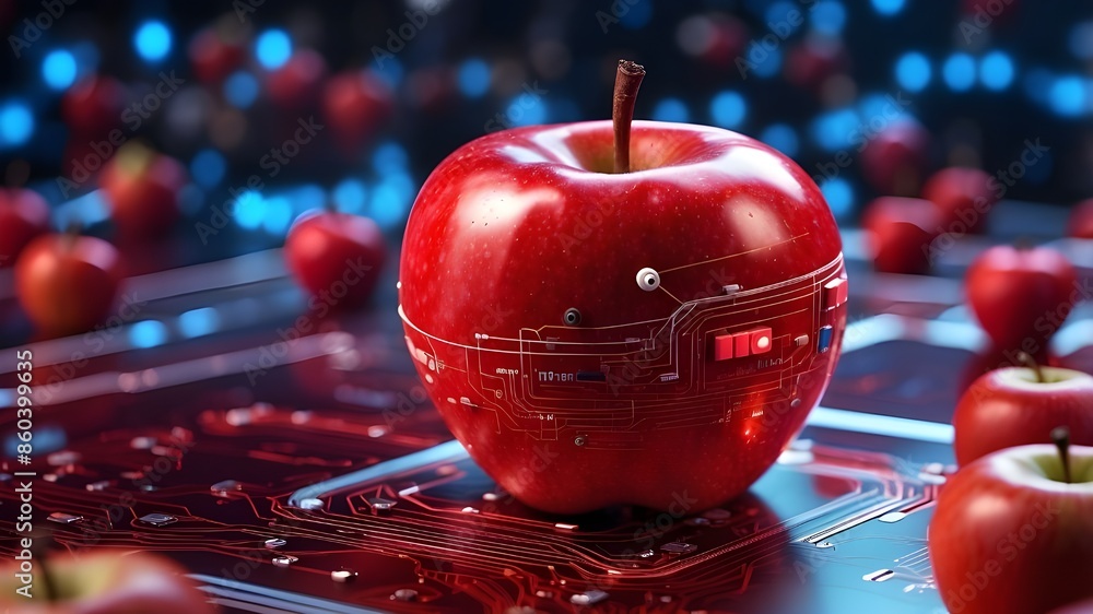 Poster red apple fruit with circuit big data technologies in the future.