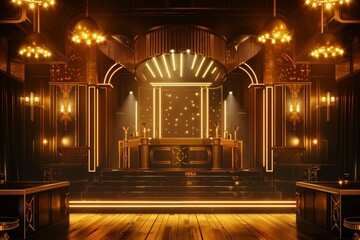 A Jazz Age Glamour themed night club stage in 3D, with soft spotlighting and golden hues that reminisce the roaring twenties elegance
