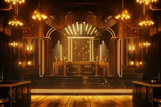A Jazz Age Glamour themed night club stage in 3D, with soft spotlighting and golden hues that reminisce the roaring twenties elegance