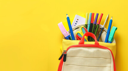 A backpack filled with school stationery against a yellow background. Banner for school supplies sale, capturing the back-to-school concept, copy space