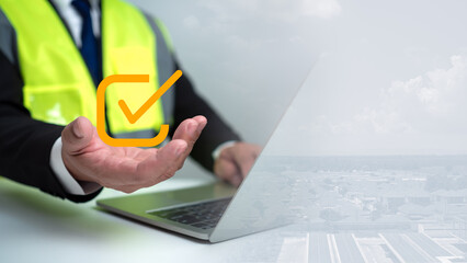 Approved Buildings Permit concept with approved residential building project, Engineer or Architect Checking showing the list of documents and approving the project, Construction project inspection.