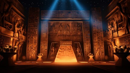 An Ancient Temple themed night club stage in 3D, illuminated by flickering torches and golden hues for an adventurous exploration vibe