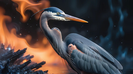 A blue Heron emerging from blue fire with galaxy, elegant, luxury, clean, smooth, elegant, beautiful, highly detailed, sharp focus, studio photography, xf iq 4, 1 5 0 mp, 5 0 mm, iso 2 0 0, 1 / 1 6 0 
