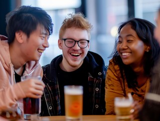Group of diverse international students happily studying and socializing together at university campus.