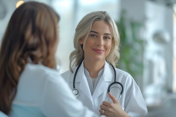 Fototapeta premium Female doctor interacting with a patient, symbolizing care and patient-focused healthcare services.