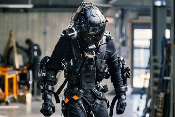 Fototapeta premium An exosuit in action, with a person wearing a mechanical suit designed for strength augmentation, highlighting the potential of wearable robotics for industrial and construction applications