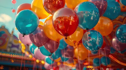 Vibrant Carnival Atmosphere: Colorful Balloons, Confetti, Streamers, and Glowing Red and Blue Lights