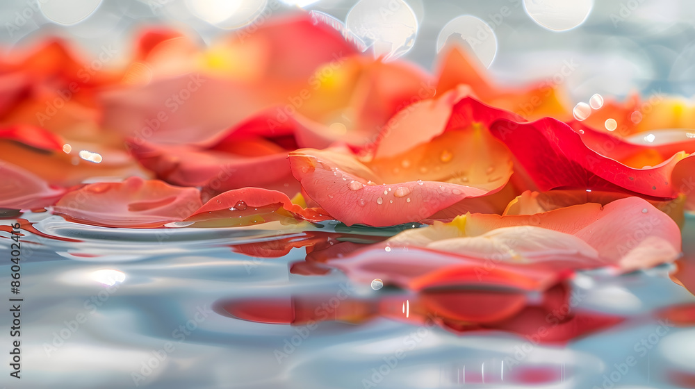 Aufkleber Greeting card with beautiful rose petals macro with drop floating on surface of the water close up It can be used as backgroundFlat lay top view copy space concept : Generative AI