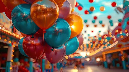 Vibrant Carnival Atmosphere: Colorful Balloons, Confetti, Streamers, and Glowing Red and Blue Lights