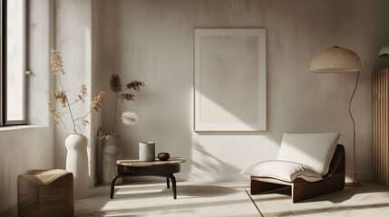 Frame Mockup in Vintage Farmhouse: A farmhouse-style living room with a distressed wooden frame holding an ISO A2 poster. Rustic furniture and vintage decor elements fill the space.