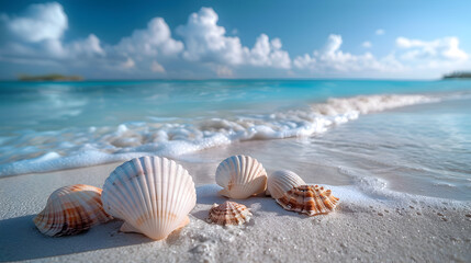 Obraz premium Beautiful Seashells on a Sandy Beach with Crystal Clear Blue Water and a Bright Sky