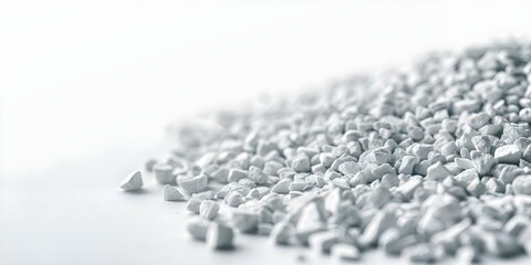 Close-up image of white polyester granules on white background for manufacturing. Concept Manufacturing Process, Close-up Photography, White Polyester Granules, Raw Materials, Industrial Background
