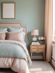 Poster frame mockup on the wall of bedroom background, interior mockup design, frame mockup