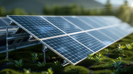 Fototapeta premium Solar panels in a field, capturing energy from the sun.