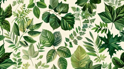Fototapeta premium A botanical seamless pattern with diverse types of leaves such as maple, oak, and birch, meticulously illustrated with realistic textures. The background is soft and neutral, allowing the rich green