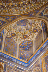 Details of the ceiling of the Tilla-Qari Mosquee, in Tilla-Qari Medersa, on Registan Square in the city of Samarkand, Uzbekistan