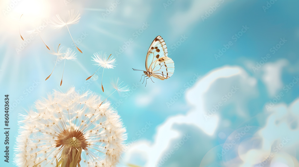 Aufkleber Natural pastel background Morpho butterfly and dandelion Seeds of a dandelion flower on a background of blue sky with clouds Copy spaces : Generative AI