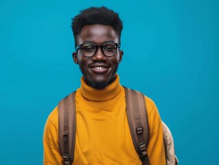 Fototapeta premium Young African Student withBackpack Standing AgainstBlue Wall Smiling Portrait