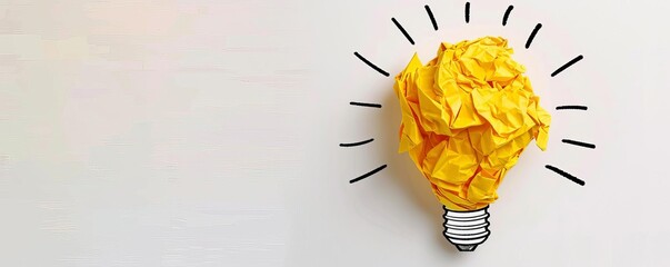 Crumpled yellow paper forming a lightbulb with drawn rays around it Spontaneous ideas Representing innovative ideas coming from discarded thoughts