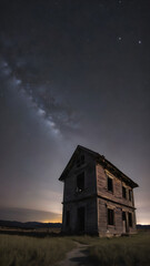 An old, abandoned structure under the night sky, adding a touch of mystery and history.