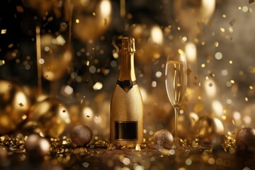 Elegant New Year Celebration with Champagne and Golden Confetti