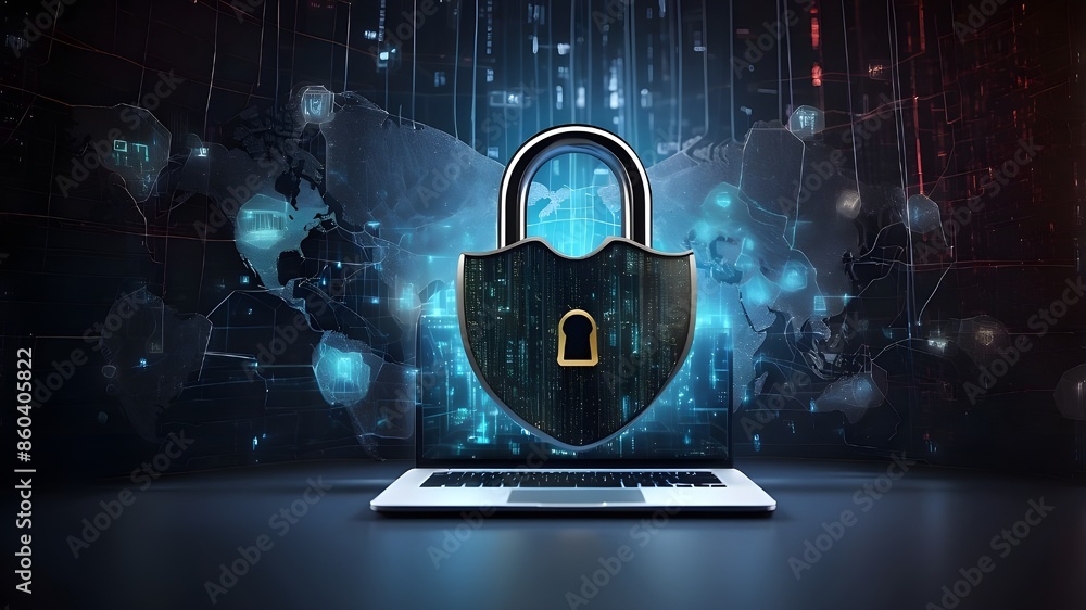 Poster visualization of cybersecurity including a padlock icon over a digital backdrop stressing the import