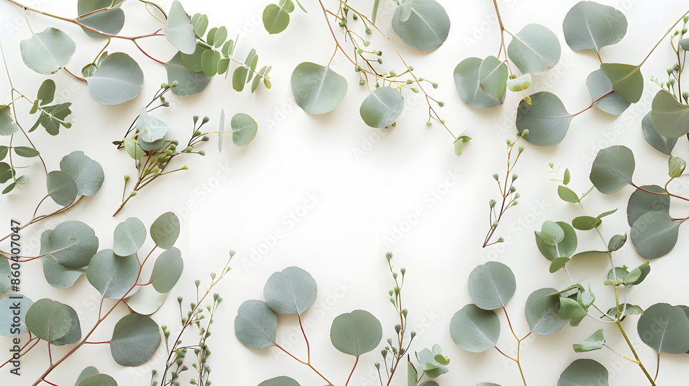 Poster Round frame with branches eucalyptus and leaves isolated on white background lay flat top view : Generative AI