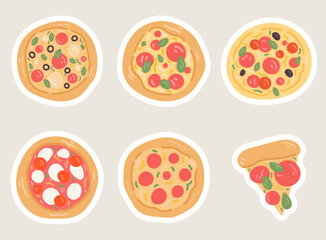 Cartoon pizza set. Delicious pizza sticker illustration.