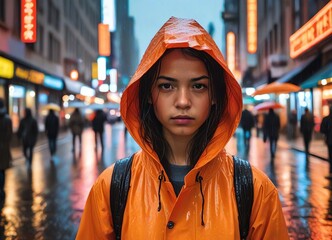 An image of a girl standing in a bustling city street during a rainy