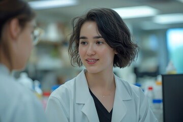 Fototapeta premium Happy female doctor talking with a patient in a bright, friendly clinic.