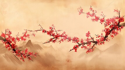 Watercolor Painting of Cherry Blossoms Blooming Over Mountains