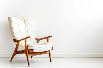 Elegant retro armchair with wooden frame and white upholstery set against a minimalist white...