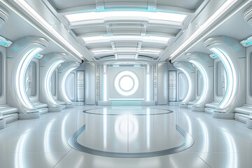 Fototapeta premium Futuristic, sleek hallway with advanced lighting and metallic design. Ideal for sci-fi, technology, and modern architecture themes.