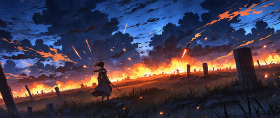 Ancient Battlefield: Field with remnants of old battles, broken weapons, weathered banners, and a somber, historical feel. Perfect for epic, historical, or reflective scenes involving past battles