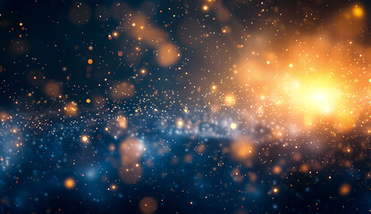 Naklejka premium Abstract background with glowing bokeh lights in gold and blue tones, creating a dreamy and magical atmosphere.