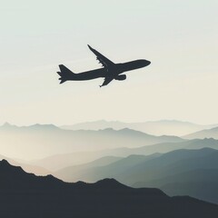 A minimalist silhouette of an airplane in flight against a backdrop of layered mountains. Generative AI