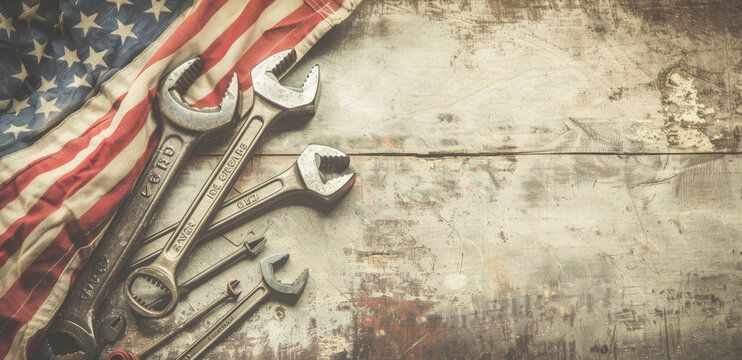 Labor Day. American flag and wrench on rustic wooden background. American labor day concept.