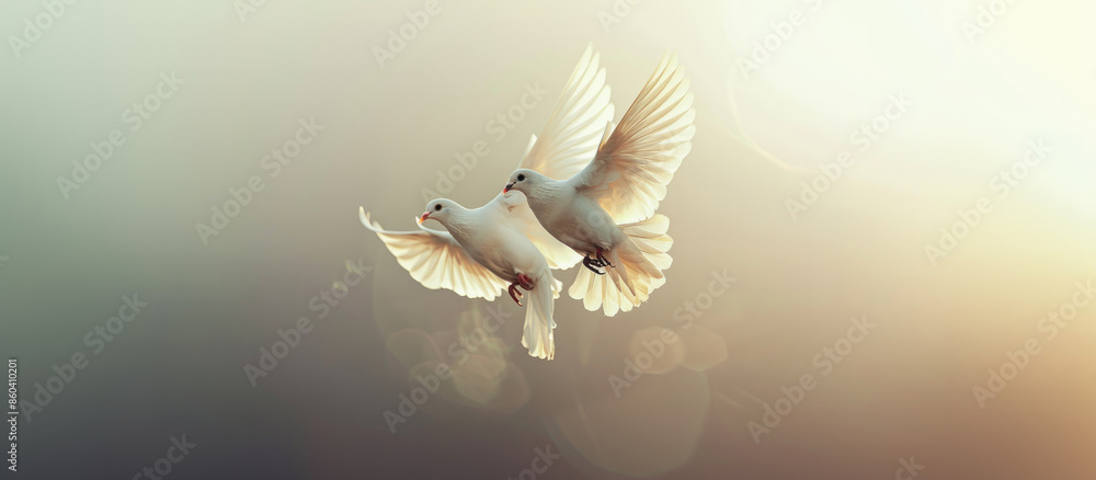 Wall mural international day of peace. two white doves flying in the sky. freedom and love concept.