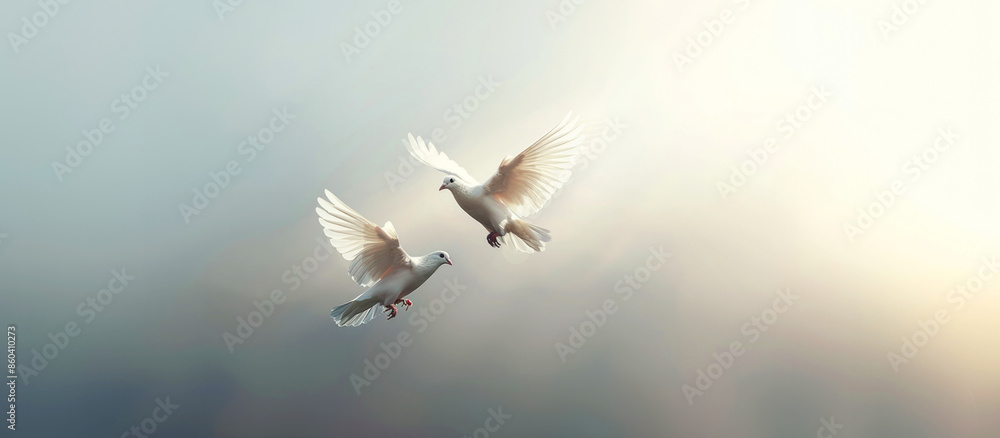 Wall mural international day of peace. two white doves flying in the blue sky. concept of peace and love.