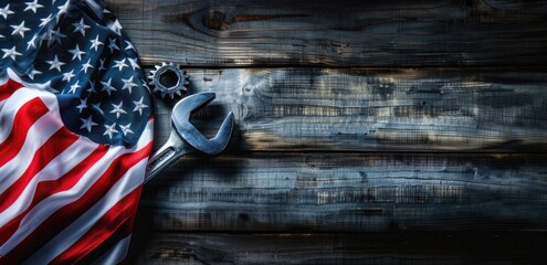 Labor Day. American flag and wrench on old wooden background. Labor day concept.