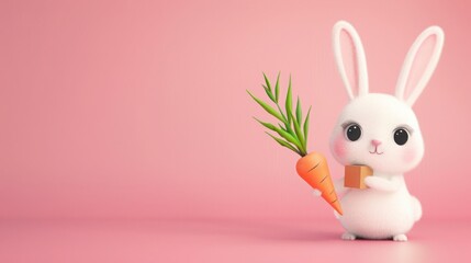 Obraz premium Cute white bunny holding a carrot on a pink background, perfect for Easter and spring-themed designs and decorations.