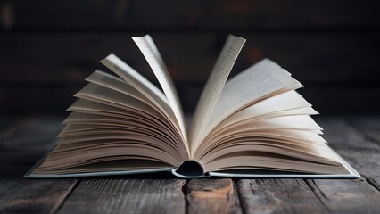 Obraz premium Close-up of an open book with white paper pages filled with text, on wooden table, isolated from the background. A diary in the interior of a house, in an empty room , concept of education, studying.